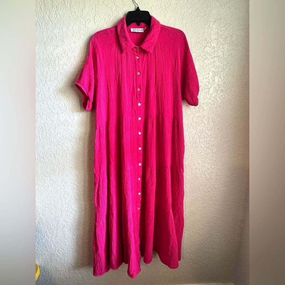 Petal & Pup Wabash Maxi Dress 100% Cotton Hot Pink Button Front Size 10